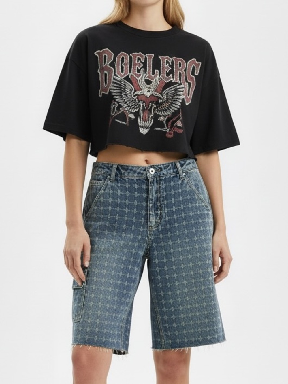 Forever 21 Premium Denim Cross Hatch Patterned Denim Cargo Jort Shorts